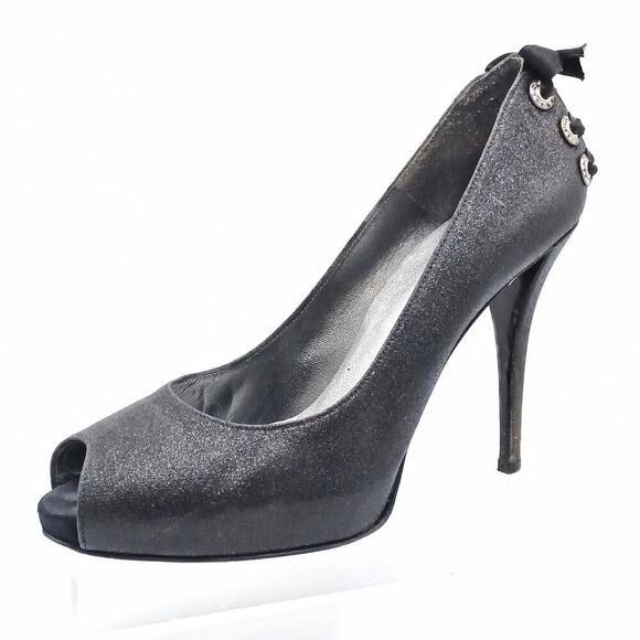 Stuart Weitzman Y2K Silver Peep Toe Heels | Rhinestone Lace Up Party Shoes Sz 9 - Picture 1 of 13